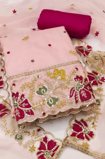 Women's peach unstitched heavy thread embroidered viscose organja dress material 