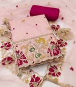 Women's peach unstitched heavy thread embroidered viscose organja dress material 