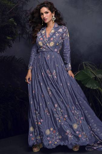 designer chinon silk lilac anarkali suit for women festival wear