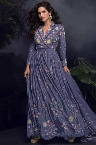 designer chinon silk lilac anarkali suit for women festival wear