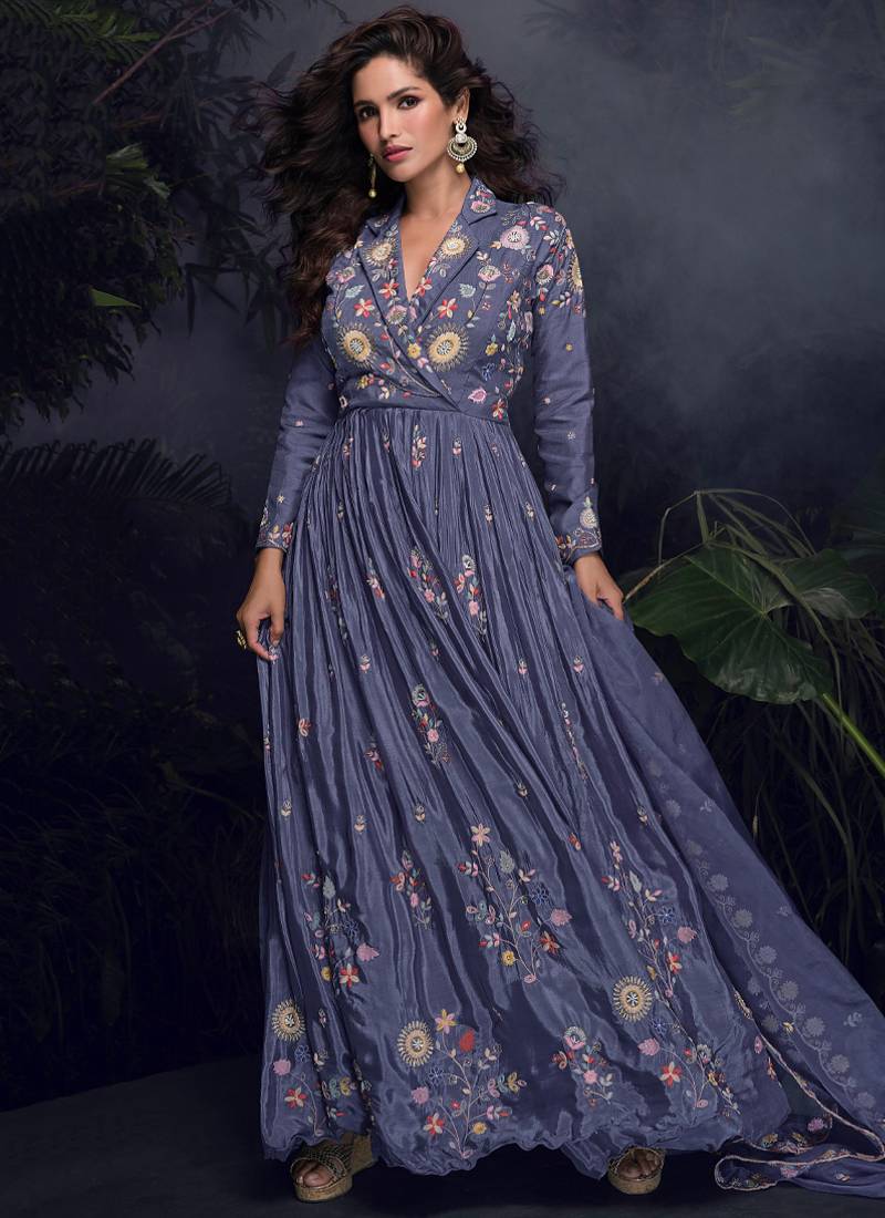 designer chinon silk lilac anarkali suit for women festival wear