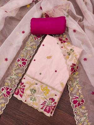 Women's peach heavy thread embroidered viscose organja dress material 3