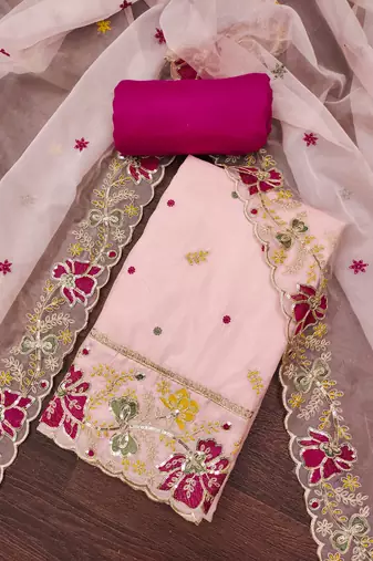 Women's peach heavy thread embroidered viscose organja dress material