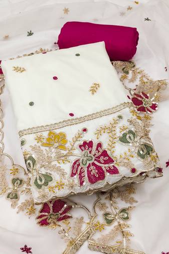 Women's white unstitched heavy thread embroidered viscose organja dress material 