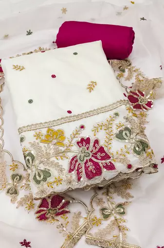 Women's white unstitched heavy thread embroidered viscose organja dress material 