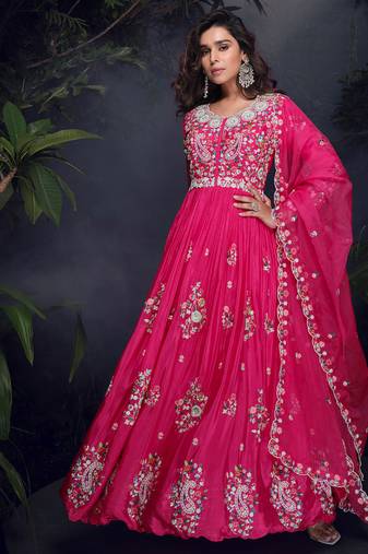 designer chinon silk pink anarkali suit for women festival wear