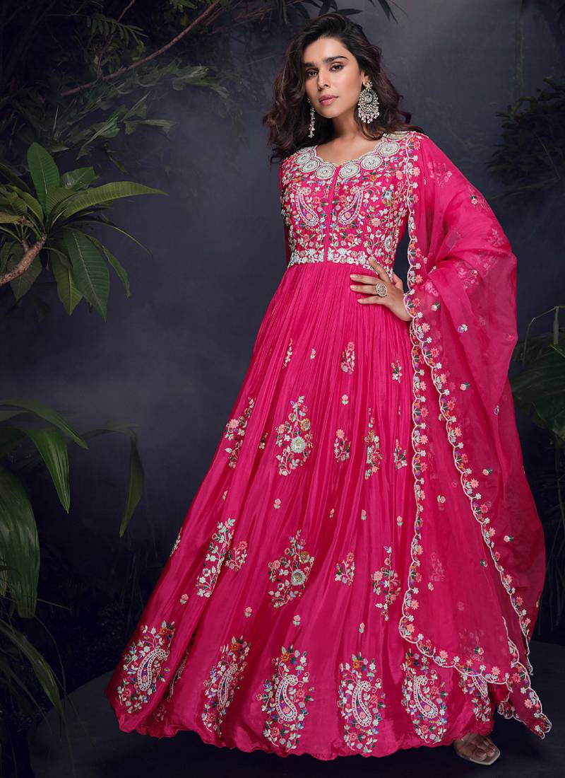 designer chinon silk pink anarkali suit for women festival wear
