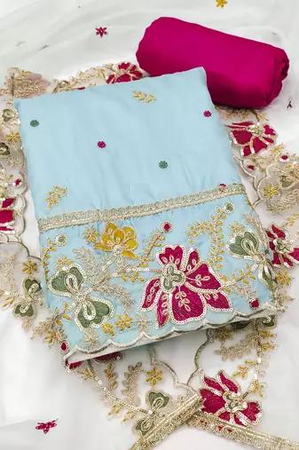 Women's sea green unstitched heavy thread embroidered viscose organja dress material 