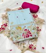 Women's sea green unstitched heavy thread embroidered viscose organja dress material