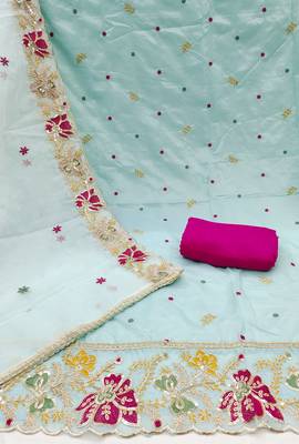 Women's sea green heavy thread embroidered viscose organja dress material 2