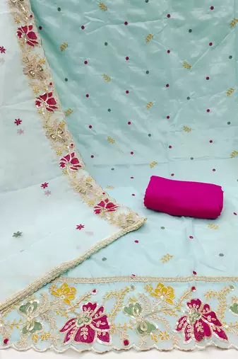 Women's sea green heavy thread embroidered viscose organja dress material