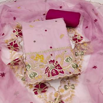 Women's baby pink heavy thread embroidered viscose organja dress material 1