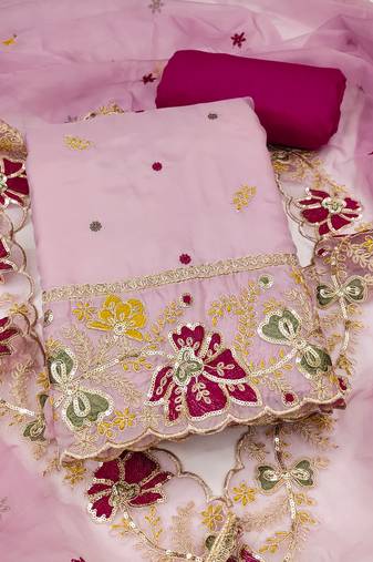 Women's baby pink unstitched heavy thread embroidered viscose organja dress material 