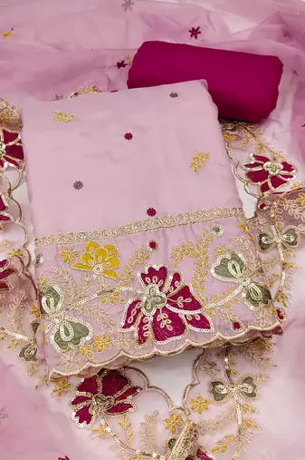 Women's baby pink unstitched heavy thread embroidered viscose organja dress material 