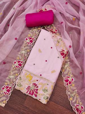 Women's baby pink heavy thread embroidered viscose organja dress material 3