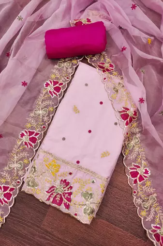 Women's baby pink heavy thread embroidered viscose organja dress material