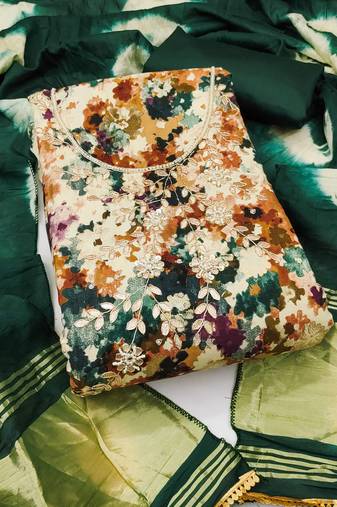 Women's multi unstitched print & heavy handwork jam cotton dress material 