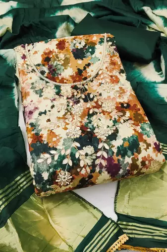 Women's multi unstitched print & heavy handwork jam cotton dress material 