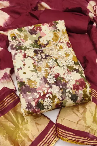 Women's multi unstitched print & heavy handwork jam cotton dress material 