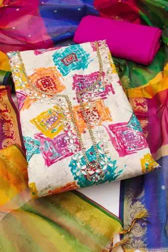 Women's multi unstitched print & handwork modal cotton dress material 