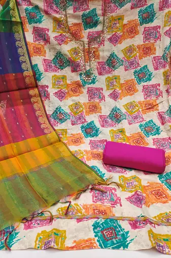 Women's multi print & handwork modal cotton dress material