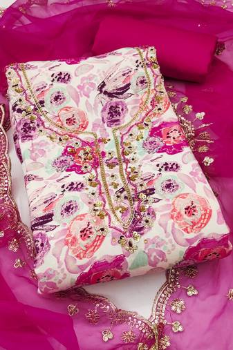 Women's multi unstitched print & handwork jam cotton dress material 