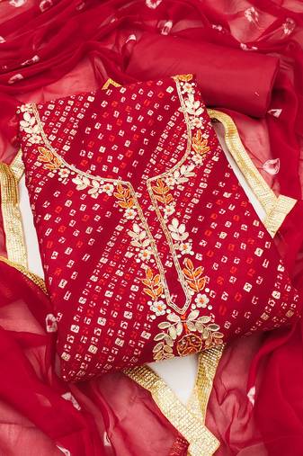 Women's red unstitched bandhani print handwork jam cotton dress material 