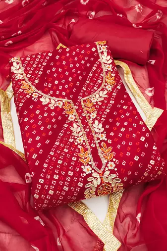 Women's red unstitched bandhani print handwork jam cotton dress material 