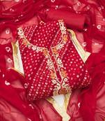 Women's red bandhani print handwork jam cotton dress material