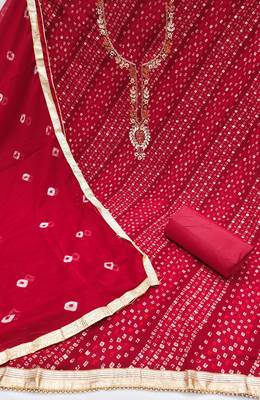 Women's red bandhani print handwork jam cotton dress material 2