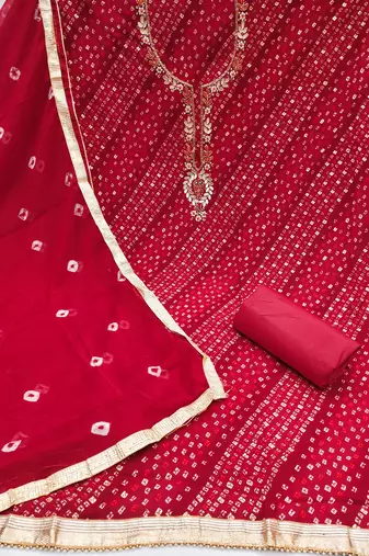 Women's red bandhani print handwork jam cotton dress material