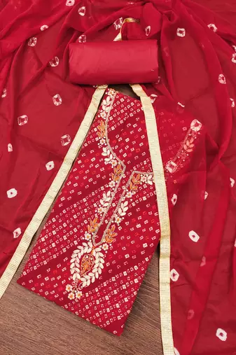 Women's red bandhani print handwork jam cotton dress material