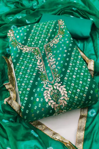 Women's green unstitched bandhani print handwork jam cotton dress material 