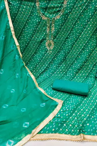 Women's green bandhani print handwork jam cotton dress material