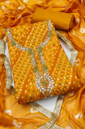 Women's yellow unstitched bandhani print handwork jam cotton dress material 