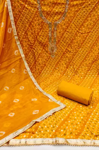 Women's yellow bandhani print handwork jam cotton dress material