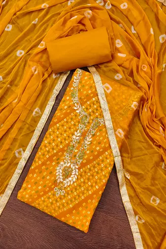 Women's yellow bandhani print handwork jam cotton dress material