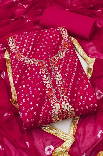 Women's pink unstitched bandhani print handwork jam cotton dress material 