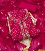 Women's pink unstitched bandhani print handwork jam cotton dress material