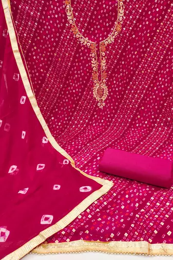 Women's pink bandhani print handwork jam cotton dress material