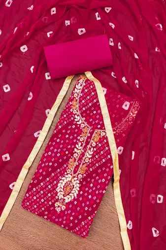 Women's pink bandhani print handwork jam cotton dress material