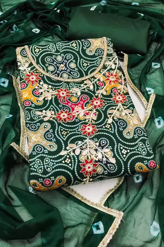 Women's green unstitched bandhani print handwork jam cotton dress material 