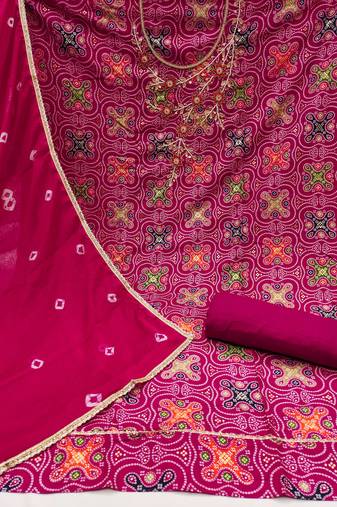 Women's pink unstitched bandhani print handwork jam cotton dress material 