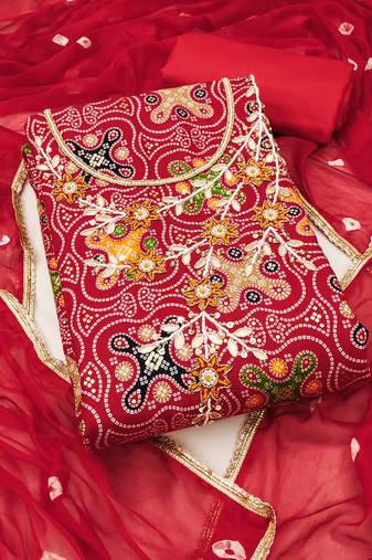 Women's red unstitched bandhani print handwork jam cotton dress material 