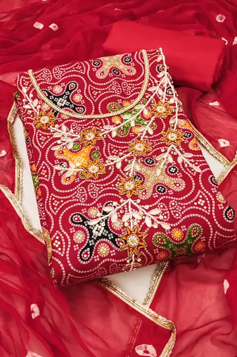 Women's red unstitched bandhani print handwork jam cotton dress material 