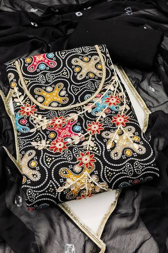 Women's black unstitched bandhani print handwork jam cotton dress material 