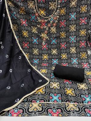 Women's black bandhani print handwork jam cotton dress material 2