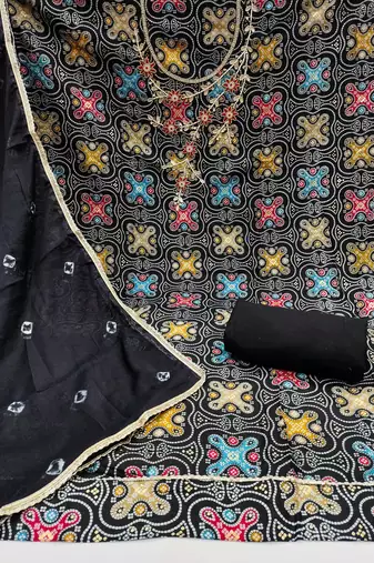 Women's black bandhani print handwork jam cotton dress material