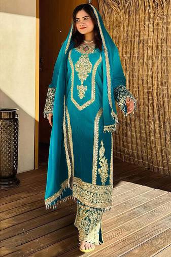 new ombre pattern chinon sky blue straight suit women