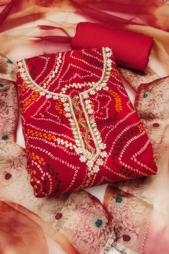 Women's red unstitched bandhani print handwork jam cotton dress material 